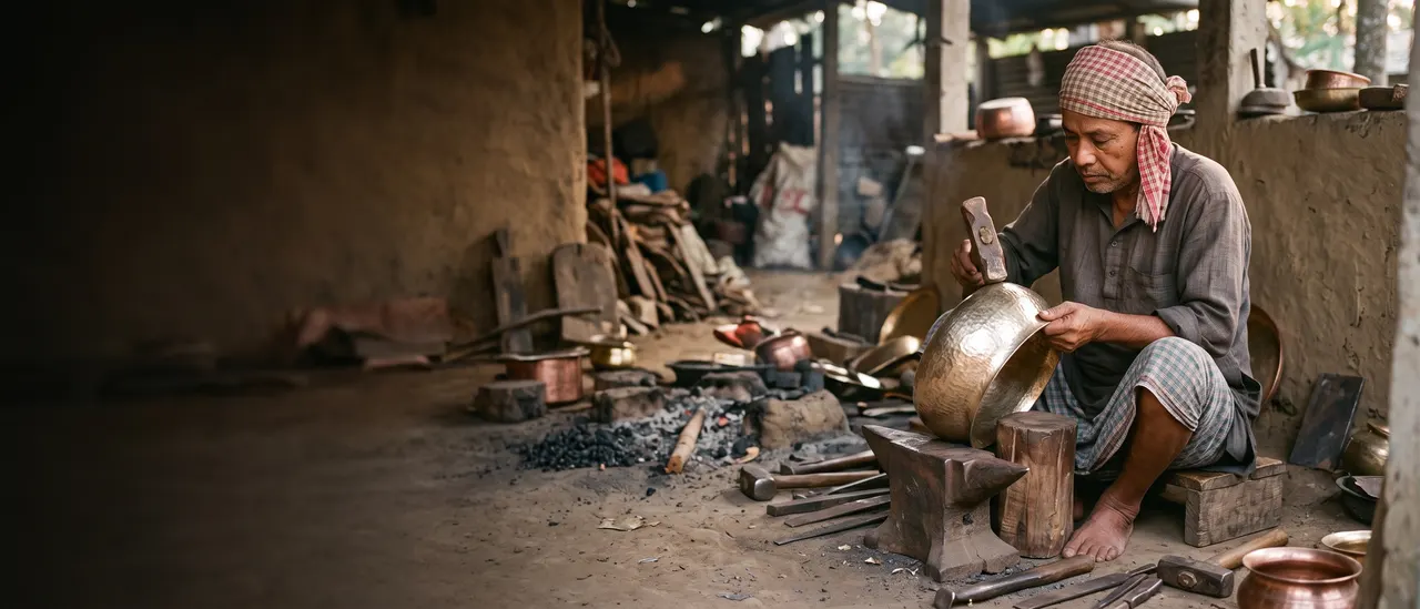 An artisan hand-beating a bell-metal bowl on an anvil in a village workshop